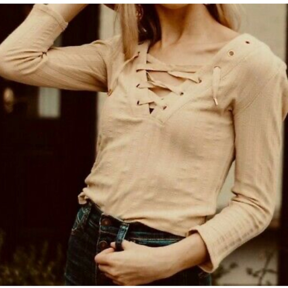 Free People Ice Cold Ribbed 3/4 Sleeves Yellow Size Small Lace Up